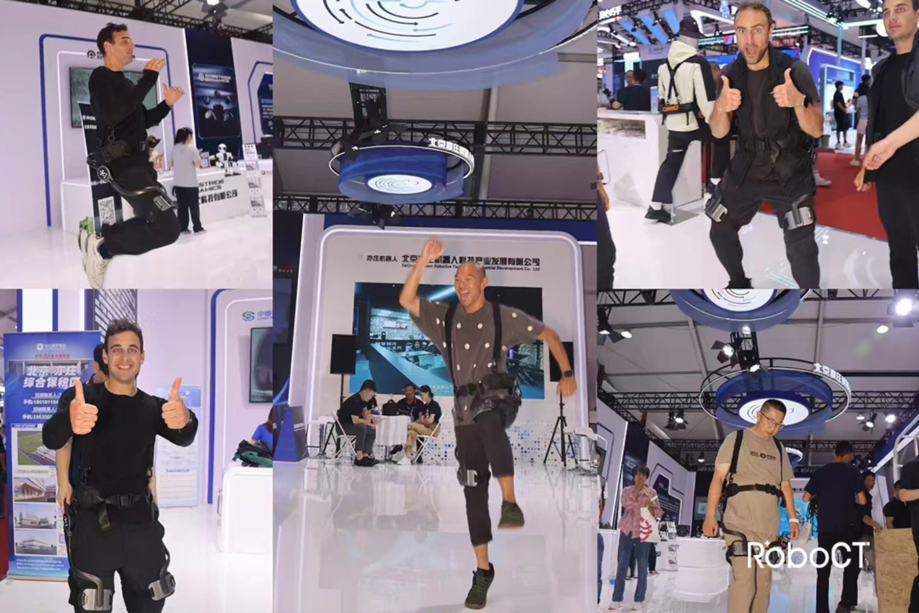 Collage of a person using the RoboCT robotic exoskeletons at World Robot Conference 2025.